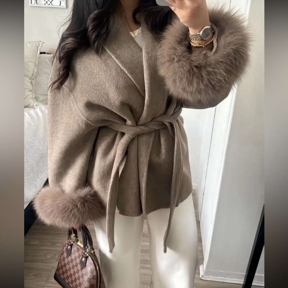 Reformation Brown Wrap Belted Jacket with Faux Fur Cuffs - Picture 2 of 5